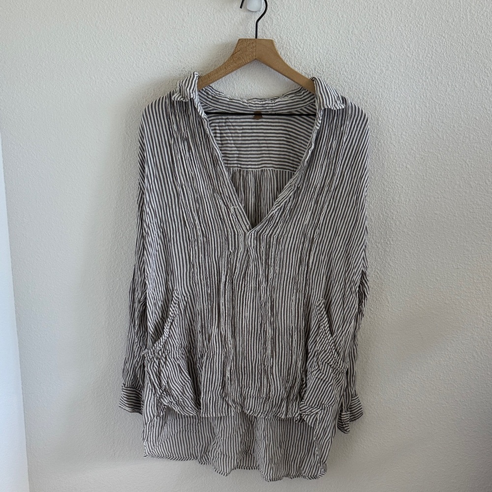 Free People One Gray and White Stripe Slouchy Pocket Top Small